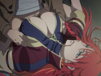10s 1boy 1girl aqua_eyes areola_slip blood blood_from_mouth blush bottomless braid breasts breasts_squeezed_together brooch censored center_opening cleavage cleavage_cutout clothing_cutout dying earrings emerald_(stone) empty_eyes expressionless gem grabbing_another&#039;s_breast gradient_hair groping hetero injury jewelry large_breasts long_hair long_sleeves lying mizushino_souta mosaic_censoring multicolored_hair mushiro_(nijie728995) necrophilia nipple_slip nipples on_back open_mouth paizuri penis pubic_hair rape re:creators red_hair selesia_upitiria short_sleeves sitting sitting_on_person solo_focus straddling straddling_paizuri turtleneck undressing