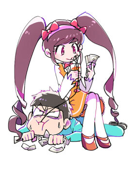 1boy 1girl black_hair brown_hair chibimi cup dress drinking_straw drinking_straw_in_mouth formal_clothes hair_ribbon holding holding_cup holding_money juice mari-mason matsuno_ichimatsu money orange_juice osomatsu-san osomatsu_(series) ribbon smile suit sweatdrop twintails