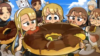 Rule 34 | > <, 6+girls, :d, baby animal, bird, biting, black shirt, black wetsuit, blonde hair, blue eyes, brown hair, chicken, closed eyes, cloud, cloudy sky, clumsy nun (diva), commentary, diva (hyxpk), donut, duck, duckling, eating, english commentary, food, freckles, froggy nun (diva), glasses, glasses nun (diva), green one-piece swimsuit, grey hair, hair bun, heart, heart print, highres, hot sauce, hungry nun's mother (diva), hungry nun (diva), little nuns (diva), long hair, messy hair, multiple girls, old-fashioned swimsuit, one-piece swimsuit, open mouth, oversized food, oversized object, round eyewear, seagull, sheep nun (diva), shirt, short hair, sky, smile, spicy nun (diva), springsuit, striped clothes, striped one-piece swimsuit, swimsuit, thumbs up, tongue, tongue out, yellow eyes