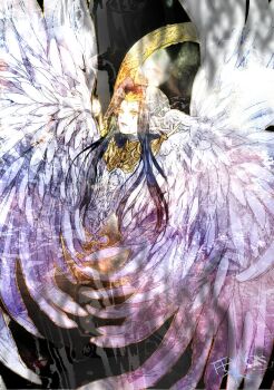 1girl black_hair commentary_request copyright_name final_fantasy final_fantasy_xiv head_wings headpiece long_hair ruka_(blueplus84) solo spread_wings the_endsinger white_wings wings yellow_eyes