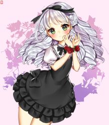 Rule 34 | 1girl, aged down, bad id, bad twitter id, black bow, black dress, black ribbon, blush, bound, bound wrists, bow, closed mouth, collared dress, dress, drill hair, flower, frilled dress, frills, gambe, green eyes, grey hair, hair ribbon, hands up, long hair, looking at viewer, official alternate hairstyle, pretty series, pripara, puffy short sleeves, puffy sleeves, red flower, red rose, ribbon, rose, shikyoin hibiki, short sleeves, solo, standing