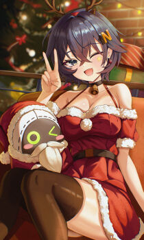 1girl ;d absurdres alternate_costume bangboo_(zenless_zone_zero) belle_(zenless_zone_zero) black_choker blue_hair blurry blurry_background blush choker christmas christmas_tree collarbone commentary_request dress eous_(zenless_zone_zero) highres indoors looking_at_viewer one_eye_closed open_mouth red_dress santa_costume santa_dress short_hair smile star_(symbol) star_sticker sticker sticker_on_face v zenless_zone_zero zzirit6