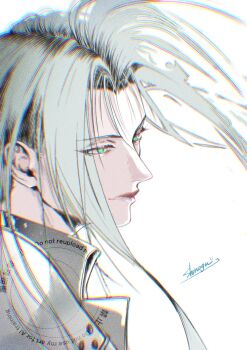 1boy armor black_coat closed_mouth coat commentary eyes_visible_through_hair final_fantasy final_fantasy_vii final_fantasy_vii_remake floating_hair from_side green_eyes grey_hair highres lips long_hair male_focus parted_bangs sephiroth shinogu_r shoulder_armor simple_background solo upper_body watermark white_background