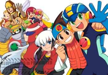 3girls 6+boys armor assault_visor black_bodysuit black_hair black_shirt blonde_hair blue_bodysuit blue_eyes blue_headband blue_helmet blue_vest bodysuit braid brown_hair dark-skinned_male dark_skin dex_oyama_(mega_man) dress egao_nina6 eugene_chaud_(mega_man) glide.exe_(mega_man) group_picture gutsman.exe hands_in_pockets headband helmet highres lan_hikari_(mega_man) leotard long_hair mayl_sakurai_(mega_man) mega_man_(series) mega_man_battle_network_(series) megaman.exe multicolored_hair multiple_boys multiple_girls open_mouth orange_vest parted_lips pink_helmet pink_leotard protoman.exe red_armor red_dress red_hair red_helmet red_vest roll.exe_(mega_man) shirt short_hair simple_background smile teeth twin_braids two-tone_hair upper_teeth_only vest watermark white_background white_hair yai_ayanokoji_(mega_man)