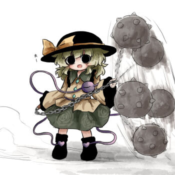 1girl black_eyes black_hat black_shoes commentary_request contrast_collar full_body green_hair hair_between_eyes hat hat_ribbon heripantomorrow holding komeiji_koishi looking_at_viewer medium_hair open_mouth ribbon shirt shoes smile solo standing third_eye touhou translation_request white_background yellow_ribbon yellow_shirt
