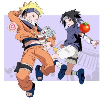 Rule 34 | 2boys, anger vein, arm behind head, bandaged leg, bandages, black hair, blonde hair, blue headband, blue shirt, border, closed eyes, detached sleeves, facial mark, food, food on face, furrowed brow, hashtag-only commentary, headband, highres, instant cup noodles, jacket, jumpsuit, kamaboko, konohagakure symbol, koolcidrockstar, looking at another, male focus, midriff, multiple boys, naruto (classic), naruto (series), narutomaki, onigiri, open-toe shoes, orange jacket, orange jumpsuit, orange pants, pants, parted bangs, parted lips, pouch, purple background, sharp teeth, shirt, short hair, shorts, sketch, teeth, thigh pouch, tomato, uchiha sasuke, uzumaki naruto, whisker markings, white border, white shorts, white sleeves