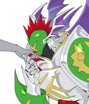 1boy 1girl armor blackseraphimon confeito000_333 demon_wings digimon digimon_(creature) green_helmet grey_hair head_wings helmet highres kiss kissing_hand mohawk multiple_wings simple_background solo_focus upper_body white_background wings