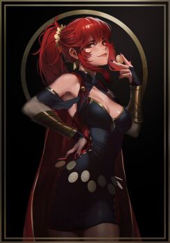 1girl anna_(fire_emblem) black_dress black_nails bracelet breasts bridal_gauntlets cape cleavage cleavage_cutout clothing_cutout coin commentary daniel_deng dress earrings english_commentary female_focus fire_emblem gold_bracelet gold_earrings hair_between_eyes hand_on_own_hip highres holding holding_coin jewelry lips looking_at_viewer medium_breasts multicolored_dress nail_(hardware) nail_polish nintendo pantyhose parted_lips ponytail red_cape red_dress red_eyes red_hair smile solo teeth