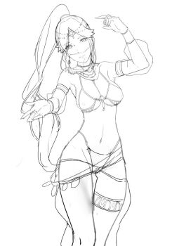 1girl anklet arabian_clothes armlet armpits bare_shoulders bikini blush bra bracelet breasts cleavage dancer dancing earrings female_focus gluteal_fold highleg highleg_panties j@ck jewelry kid_icarus large_breasts long_hair looking_at_viewer navel necklace nintendo palutena panties ponytail sketch smile solo super_smash_bros. swimsuit tiara underboob underwear unfinished veil very_long_hair