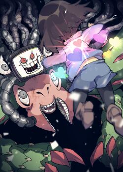 1other :d absurdres ankle_boots bags_under_eyes black_background black_pantyhose blue_shorts blue_soul_(undertale) blue_sweater blurry boots brown_boots brown_hair claws colored_sclera commentary_request cyan_soul_(undertale) depth_of_field extra_eyes extra_mouth floating flowey_(undertale) frisk_(undertale) from_behind full_body glowing green_soul_(undertale) grey_eyes heart high_heel_boots high_heels highres light_particles long_sleeves looking_at_another marueri open_mouth orange_soul_(undertale) pantyhose photoshop_flowey purple_soul_(undertale) red_sclera short_hair shorts simple_background smile soul_(deltarune) sweater teeth turtleneck turtleneck_sweater undertale utdr_(toby_fox) vignetting yellow_soul_(undertale)