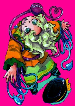 1girl :d black_boots boots buttons collared_shirt commentary_request diamond_button frilled_shirt_collar frilled_sleeves frills from_above from_behind full_body green_eyes green_hair green_skirt hat heart heart_of_string highres inuyama_konan komeiji_koishi looking_up medium_hair open_mouth outstretched_arms pink_background shirt simple_background skirt smile solo spread_arms third_eye touhou unworn_hat unworn_headwear wide_sleeves yellow_shirt