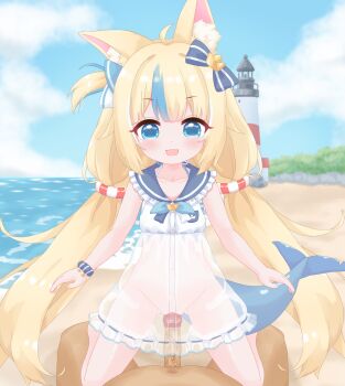 1boy 1girl :3 :d ahoge animal_ear_fluff animal_ears bare_arms bare_legs beach blonde_hair blue_bow blue_bowtie blue_eyes blue_sailor_collar blue_scrunchie blue_sky blue_streaks blue_tail blush bow bowtie breast_pocket buttons cat_ears center-flap_bangs clothed_female_nude_male clothed_sex cloud cloudy_sky commentary commentary_request cowgirl_position day dress english_commentary erection fins fish_tail frilled_dress frilled_shirt_collar frills hair_bow hair_flaps hetero highres indie_virtual_youtuber just_the_tip large_variant_set lifebuoy_hair_ornament lighthouse loli long_hair looking_at_viewer low_twintails mixed-language_commentary multicolored_hair nude ocean oldb one_side_up open_mouth outdoors paid_reward_available penis pocket pov pov_crotch public_indecency public_nudity pussy sailor_collar sailor_dress sameko_saba scrunchie see-through_clothes see-through_dress sex shore short_dress single_ear_down sky smile solo_focus straddling straight-on streaked_hair tail tareme twintails uncensored vaginal variant_set very_long_hair virtual_youtuber white_dress wrist_scrunchie