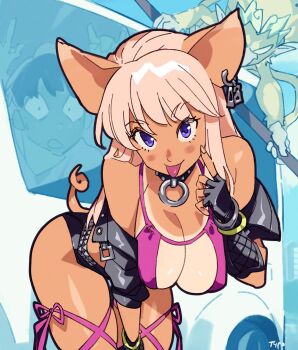 1girl 2boys animal_ears artist_logo bangle bare_shoulders bikini bikini_top_only black_gloves blank_eyes blonde_hair blue_eyes blush borrowed_character bracelet breasts circlet cleavage collar commentary earrings english_commentary fingerless_gloves gloves highres holding holding_staff jacket jewelry journey_to_the_west kappa large_breasts leaning_forward leather leather_jacket leather_shorts leg_ribbon logo long_hair looking_at_viewer monkey motor_vehicle multiple_boys o-ring_collar optionaltypo original outdoors pig_ears pig_girl pig_tail ribbon rose_(zaiyuki) short_hair shorts signature staff studded_collar swimsuit tail tan tanline tongue tongue_out zaiyuki zhu_bajie