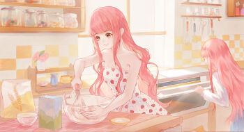 2girls animal bare_arms bare_shoulders batter blue_skirt bowl bright_pupils brown_eyes candy cat checkered_wall chinese_commentary clone closed_mouth clothed_animal collarbone commentary_request cooking cowboy_shot day dot_nose dress drink_carton ear_covers eyelashes flour flower food food_print frilled_dress frills fruit_print happy highres holding holding_whisk hood hood_up indoors jar kitchen knife long_hair looking_at_object milk_carton momo_(nikki) multiple_girls nikki_(nikki) nikki_(series) nikki_up2u nikki_up2u2:_world_traveller oven pink_flower pink_hair pink_lips pink_rose pleated_skirt polka_dot polka_dot_dress rose scissors shelf shirt short_dress sidelocks situ_ming_ling_hua_yi skirt smile stirring strapless strapless_dress strawberry_print suspender_skirt suspenders tile_wall tiles vase very_long_hair wavy_hair whisk white_dress white_pupils white_shirt window yellow_hood