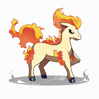 fire from_side full_body gen_1_pokemon hooves mistray-art nintendo no_humans numbered pokemon pokemon_(creature) pony_(animal) ponyta shirt signature simple_background solo white_background white_fur white_shirt