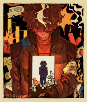 2boys arms_around_waist arrow_(projectile) arrow_through_heart ballot bandaged_arm bandages black_gloves blood bloody_bandages border brothers brown_coat brown_hair burning bus cardigan coat door doorway dream_smp dynamite explosion explosive fingerless_gloves fire flag flower gloves head_down heart_(organ) highres l'manberg_flag lily_of_the_valley male_focus minecraft_youtube motor_vehicle multicolored_hair multiple_boys open_door partially_colored patchwork_clothes patchwork_skin push-button qtiq scroll siblings signature smoke standing streaked_hair sweater symbolism tommyinnit wilbur_soot yellow_sweater