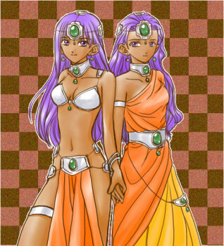 2girls armlet armor asymmetrical_dress bare_shoulders bikini_armor bracelet breasts checkered_background chi-matu circlet cleavage cowboy_shot dancer dark-skinned_female dark_skin dragon_quest dragon_quest_iv dress earrings forehead_jewel gem green_gemstone holding_hands jewelry light_smile loincloth long_dress long_hair long_sleeves looking_at_viewer manya_(dq4) metal_bikini metal_bra minea_(dq4) multiple_bracelets multiple_girls neck_ring orange_dress pelvic_curtain purple_eyes purple_hair siblings single_bare_shoulder single_sleeve sisters smile sphere_earrings thighlet