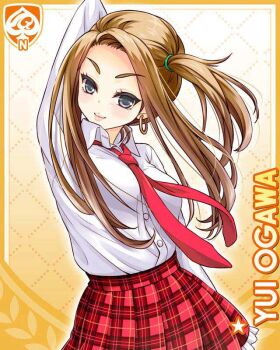 1girl black_eyes brown_hair card_(medium) character_name earrings girlfriend_(kari) jewelry looking_at_viewer miniskirt necktie official_art ogawa_yui_(girlfriend_(kari)) plaid_clothes plaid_skirt pleated_skirt qp:flapper red_necktie red_skirt school_uniform shirt side_ponytail skirt smile solo standing white_shirt yellow_background