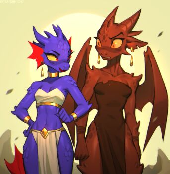 2girls animal_ears bare_shoulders breasts brown_dress colored_sclera colored_skin commentary cowboy_shot crop_top dragon_ears dragon_girl dragon_horns dragon_wings dress earrings english_commentary highres horns jewelry loincloth looking_at_another multiple_girls navel orange_sclera original purple_skin red_skin saturnacat shiny_skin small_breasts stomach teeth torn_clothes torn_dress wings yuri