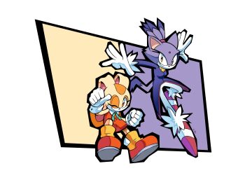 2girls ;) animal_ears blaze_the_cat brown_eyes cat_ears cat_girl cat_tail closed_mouth commentary cream_the_rabbit dress english_commentary eyelashes forehead_jewel furry furry_female gloves highres jacket long_sleeves looking_at_viewer multiple_girls one_eye_closed orange_dress orange_shoes pants purple_fur purple_hair purple_jacket rabbit_ears rabbit_girl red_shoes shoes simple_background sleeveless sleeveless_dress smile sonic_(series) starioforreal tail white_gloves white_pants yellow_eyes yellow_fur