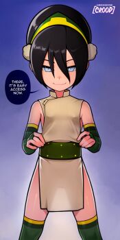 1girl artist_name avatar:_the_last_airbender avatar_legends bare_shoulders belt black_hair blue_background closed_mouth covered_erect_nipples dress elbow_gloves english_text feet_out_of_frame fingerless_gloves flat_chest gloves gradient_background green_hairband green_sash green_thighhighs grey_eyes hair_between_eyes hair_ornament hairband highres loli loodncrood looking_at_viewer over-kneehighs pelvic_curtain pom_pom_(clothes) pom_pom_hair_ornament sash see-through_clothes short_dress sleeveless sleeveless_dress smile solo speech_bubble thighhighs toph_beifong tunic tunic_lift yellow_hairband