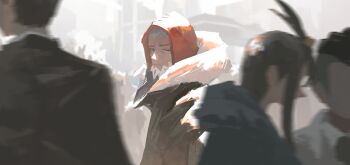 1girl 3boys absurdres beard black_jacket brown_hair cchan_tuka facial_hair highres hood hood_down hood_up hooded_jacket jacket lida_(pokemon) lysandre_(pokemon) male_focus multiple_boys naveen_(pokemon) nintendo one_eye_closed pokemon pokemon_legends:_z-a red_hood suit_jacket white_hair