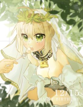 1girl ahoge bare_shoulders belt breasts bridal_veil chain cleavage dated detached_sleeves disembodied_hand fate/grand_order fate_(series) feeding foliage fork happy_birthday head_wreath highres laurel_crown leotard lock loose_belt nero_claudius_(bride)_(fate) nero_claudius_(bride)_(third_ascension)_(fate) nero_claudius_(fate) out_of_frame padlock padlocked_collar puffy_detached_sleeves puffy_sleeves solo_focus veil white_leotard white_sleeves zhang5180 zipper