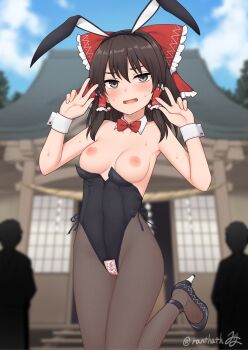 Rule 34 | 1girl, alternate costume, animal ear hairband, animal ears, black leotard, black shoes, blue sky, blush, bow, bowtie, breasts, brown eyes, brown hair, brown pantyhose, cloud, commentary request, day, detached collar, double w, fake animal ears, frilled bow, frilled hair tubes, frills, hair bow, hair tubes, hairband, hakurei reimu, hakurei shrine, high heels, highres, leg up, leotard, long hair, maebari, medium breasts, miyo (ranthath), nipples, ofuda, ofuda on pussy, open mouth, pantyhose, people, playboy bunny, rabbit ear hairband, rabbit ears, red bow, red bowtie, shoes, signature, sky, smile, strapless, strapless leotard, sweat, touhou, twitter username, w, white wrist cuffs, wrist cuffs