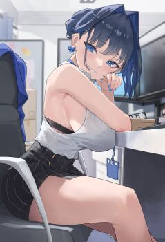 1girl archinoer bare_legs black_bra black_skirt blue_choker blue_eyes blue_hair blue_nails bow bow_earrings bra bra_visible_through_clothes breasts chair choker collared_shirt computer cubicle desk earrings grin heart-shaped_gem high-waist_skirt highres hololive hololive_english id_card jewelry lace lace-trimmed_bra lace_trim large_breasts looking_at_viewer medium_hair monitor office_chair office_lady ouro_kronii ribbon_earrings shirt sideboob skirt smile solo swivel_chair thick_thighs thighs tight_clothes tight_shirt underwear virtual_youtuber white_shirt