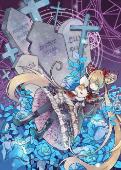 Rule 34 | 1girl, :o, absurdly long hair, absurdres, black boots, blonde hair, blue ribbon, blunt bangs, boots, bow, bowtie, brown dress, bun cover, chili (pixiv 23103186), classic lolita, collared dress, creature, double bun, dress, falling, frilled dress, frilled skirt, frills, full body, green eyes, grey pantyhose, hair bow, hair bun, high heel boots, high heels, highres, holding, holding creature, juliet sleeves, lace-up boots, light particles, lolita fashion, long hair, long sleeves, luna (shadowverse), magic circle, medium dress, open mouth, pantyhose, petticoat, puffy sleeves, purple background, red bow, red bowtie, ribbon, shadowverse, skirt, solo, surprised, tareme, tombstone, twintails, very long hair