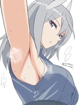 1girl absurdres animal_ears armpits aurora_e._juutilainen blush breasts dated fox_ears grey_hair highres large_breasts long_hair looking_at_viewer open_mouth presenting_armpit purple_eyes sideboob signature simple_background solo strike_witches:_aurora_no_majo sweat unkai_daraku white_background world_witches_series