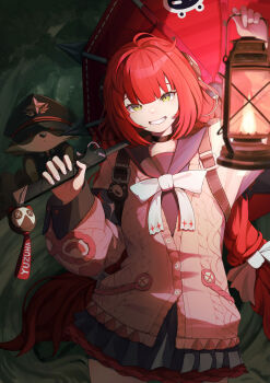 1girl absurdres black_sailor_collar black_skirt braid braided_twintails cardigan charm_(object) chest_bow collarbone commentary_request cowboy_shot green_eyes grin hair_ornament hearing_aid highres holding holding_lantern holding_umbrella kamanosuke_(zenless_zone_zero) lantern layered_skirt long_hair looking_at_viewer pink_cardigan raccoon red_hair red_umbrella regit_etihw sailor_collar skirt smile sphere_hair_ornament tanuki ukinami_yuzuha umbrella zenless_zone_zero