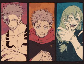 3boys arm_up black_border black_jacket black_shirt blue_eyes body_markings border brown_hair collarbone commentary cursed_spirit_(jujutsu_kaisen) double-parted_bangs english_commentary extra_eyes facial_mark finger_to_mouth green_hair grin hair_between_eyes heterochromia high_collar highres itadori_yuuji jacket jujutsu_kaisen long_hair looking_at_viewer mahito_(jujutsu_kaisen) male_focus mim_(mimya0600) multiple_boys open_mouth own_hands_together pectorals red_eyes ryoumen_sukuna_(jujutsu_kaisen) sanpaku scar scar_on_face shirt short_sideburns smile stitched_arm stitched_face stitched_mouth stitched_wrist stitches teeth tongue tongue_out topless_male upper_body yellow_eyes