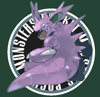 claws commentary_request copyright_name full_body gen_1_pokemon green_background looking_back nidoking nintendo no_humans nostrils oekaki open_mouth pokemon pokemon_(creature) simple_background solo tetori