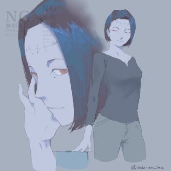 1girl black_hair breasts evil_smile highres itadori_kaori jujutsu_kaisen kenjaku koha_dasuima mature_female medium_breasts orange_eyes pale_skin short_hair signature smile solo stitched_forehead watermark