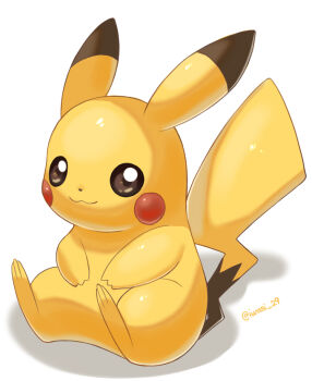 Rule 34 | :3, animal focus, artist name, brown eyes, closed mouth, commentary request, gen 1 pokemon, iwasi 29, nintendo, no humans, pikachu, pokemon, pokemon (creature), shadow, simple background, sitting, tail, twitter username, white background