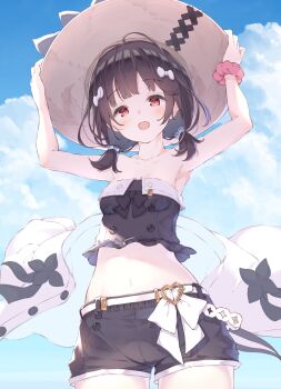 Rule 34 | 1girl, arm up, black bow, black hair, black shorts, bow, breasts, buckle, cropped shirt, granblue fantasy, hat, hat bow, heart, heart-shaped buckle, highres, medium breasts, navel, red eyes, red scrunchie, scrunchie, short twintails, shorts, solo, stomach, sun hat, twintails, ukiwakisen, vikala (granblue fantasy), vikala (summer) (granblue fantasy), white hat, wrist scrunchie
