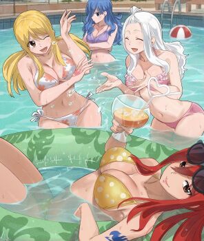 4girls arm_tattoo ball beachball bikini blonde_hair blue_hair blue_tattoo breasts brown_eyes closed_eyes erza_scarlet eyewear_on_head fairy_tail gaston18 highres innertube juvia_lockser large_breasts long_hair looking_at_viewer lucy_heartfilia mirajane_strauss multiple_girls navel one_eye_closed open_mouth orange_bikini pink_bikini pool print_bikini purple_bikini sunglasses swim_ring swimsuit tattoo white_bikini