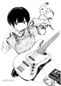 11e_(yuu) 1girl bass_guitar blunt_bangs closed_mouth collared_shirt dated ear_piercing effects_pedal fang fender_jazz_bass gen_7_pokemon greyscale highres instrument long_sleeves looking_at_viewer mimikyu mole mole_under_eye monochrome nintendo original overall_shorts overalls piercing pokemon pokemon_on_arm shirt shoes short_hair sitting sleeves_rolled_up solo tying wariza