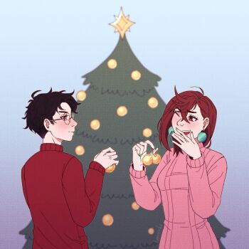 ayase_momo black_hair blush brown_eyes brown_hair christmas christmas_ornaments christmas_tree dandadan earrings glasses green_nails highres jewelry karnenka laughing looking_at_another merry_christmas mocking nail_polish pink_sweater red_sweater round_eyewear star_(symbol) sweater takakura_ken_(dandadan)