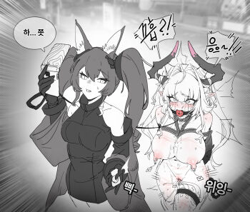 2girls :o absurdres anal_beads anal_tail angelina_(arknights) anger_vein animal_ear_fluff animal_ears arknights arknights:_endfield bare_shoulders bdsm belt_collar blush bondage bound bound_breasts breasts butt_plug cellphone coat collar controller crying crying_with_eyes_open dot_nose dragon_horns dragon_tail dress drooling elbow_gloves fake_tail femdom flip_phone fox_ears fox_girl furfutagusok gag gagged gilberta_(arknights) gloves greyscale hair_intakes headgear high_collar highres holding holding_controller holding_leash holding_phone holding_remote_control horns impossible_clothes impossible_dress korean_commentary korean_text large_breasts leash leash_pull long_hair looking_at_another medium_breasts monochrome multiple_girls nipple_piercing nipple_weights nipples off-shoulder_shirt off_shoulder out_of_character phone piercing remote_control remote_control_vibrator restrained rope_marks sex_toy shirt slave sleeveless sleeveless_dress speech_bubble spot_color tail tail_raised tears thigh_strap too_many too_many_sex_toys torture translation_request twintails vibrator vibrator_cord vibrator_in_thigh_strap wide_sleeves wiffle_gag yuri yvonne_(arknights)