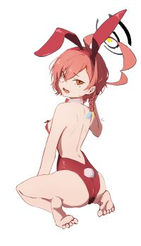 Rule 34 | 1girl, ahoge, animal ear hairband, animal ears, ass, back, backless leotard, blue archive, braid, breasts, detached collar, fake animal ears, feet, from behind, hair ornament, hairband, halo, huge ahoge, kusakasato, leotard, looking back, mole under each eye, mole under eye, multiple moles, neru (blue archive), neru (bunny) (blue archive), open mouth, orange eyes, orange hair, playboy bunny, rabbit ear hairband, rabbit ears, rabbit tail, red hairband, red leotard, short hair, side braid, sitting, small breasts, solo, wariza, white background