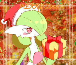 1girl animated blush blush_stickers bob_cut bow box christmas christmas_tree closed_eyes closed_mouth clothed_pokemon colored_skin english_text female_focus flat_chest fur-trimmed_hat gardevoir gen_3_pokemon gift gift_box green_hair green_skin hair_over_one_eye half-closed_eyes hand_up happy hat heart heart_in_eye holding holding_box holding_gift merry_christmas multicolored_skin nintendo one_eye_covered open_mouth pokemon pokemon_(creature) pokemon_tcg pom_pom_(clothes) red_background red_bow red_eyes red_hat santa_hat short_hair smile solo standing star_(symbol) symbol_in_eye two-tone_skin u_u upper_body video white_skin yuri_(fl0werspace)