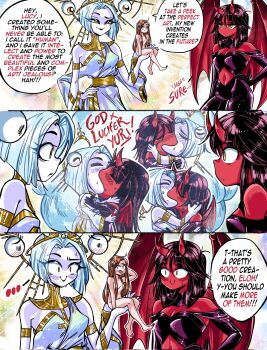 Rule 34 | 3girls, blush, breasts, closed eyes, closed mouth, colored skin, corrupted twitter file, english text, extra arms, grs-, highres, horns, long hair, meme, mole, mole under eye, multiple girls, yoshi and toad kissing (meme), original, parted lips, red skin, white skin, yuri