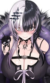 1girl absurdres black_dress black_hair black_jacket blush breasts cleavage closed_mouth commentary_request dress fur-trimmed_jacket fur_trim highres hololive hololive_english jacket kasutera_mikan large_breasts looking_at_viewer multicolored_hair shiori_novella shiori_novella_(1st_costume) solo split-color_hair virtual_youtuber white_hair yellow_eyes yorick_(shiori_novella)