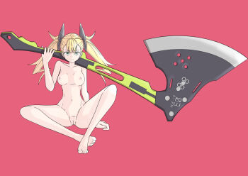 1girl absurdres artist_request ass axe black_bow blonde_hair bow breasts breasts_apart collarbone completely_nude cowboy_shot curvy full_body gluteal_fold green_eyes hair_between_eyes hair_bow highres holding holding_axe holding_weapon huge_weapon kaijuu_no._8 long_hair looking_at_viewer medium_breasts navel nipples nude pussy shinomiya_kikoru shiny_skin simple_background sitting solo standing thighs twintails uncensored weapon wide_hips