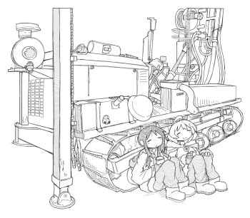 2girls bird birdweon candy chito_(shoujo_shuumatsu_ryokou) chocolate chocolate_bar closed_eyes coffee_mug cup eating food fur_trim hatching_(texture) helmet highres holding holding_chocolate holding_cup holding_food machine machinery military military_uniform monochrome mug multiple_girls nuko_(shoujo_shuumatsu_ryokou) shoujo_shuumatsu_ryokou sitting sticker wavy_hair yuuri_(shoujo_shuumatsu_ryokou)