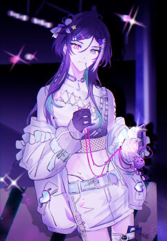 1boy :3 androgynous banzoin_hakka banzoin_hakka_(5th_costume) belt bird_hair_ornament black_choker blue_hair cellphone_charm charm_(object) choker commentary cowboy_shot crop_top cross-laced_clothes cross-laced_skirt cross-laced_top denim denim_skirt earphones face_piercing fishnet_top fishnets food-themed_hair_ornament frilled_jacket frills hair_ornament hairclip hakkito_(banzoin_hakka) heterochromia highres hip_piercing holding holding_earphones holding_phone holostars holostars_english jacket jacket_bow jellyfish_cut lau_135 lip_piercing long_hair male_focus midriff multicolored_hair official_alternate_costume panty_straps pencil_skirt phone piercing pink_eyes purple_eyes purple_hair shirt skirt sleeveless sleeveless_shirt solo star_(symbol) star_hair_ornament strawberry_hair_ornament thigh_strap torn_clothes torn_shirt trap untranslatable_commentary virtual_youtuber white_hair white_skirt wing_hair_ornament x_hair_ornament