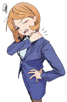 Rule 34 | 1girl, blonde hair, blue jacket, blue skirt, cowboy shot, highres, jacket, layered sleeves, long sleeves, office lady, one eye closed, open mouth, original, pain, parted bangs, pencil skirt, short hair, simple background, skirt, solo, some1else45, squiggle, standing, v-shaped eyebrows, white background, wince