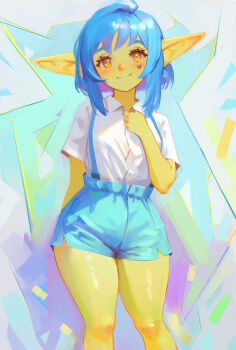 1girl ahiru_(princess_tutu) arm_at_side blue_hair blue_shorts borrowed_character character_request choppy_bangs closed_mouth collared_shirt colored_inner_hair commentary english_commentary feet_out_of_frame female_goblin goblin hand_up highres looking_at_viewer medium_hair multicolored_hair no_pupils orange_eyes original pointy_ears rissma_(maewix) shchrit shirt short_shorts short_sleeves shorts smile solo standing suspender_shorts suspenders thighs variant_set white_shirt wing_collar